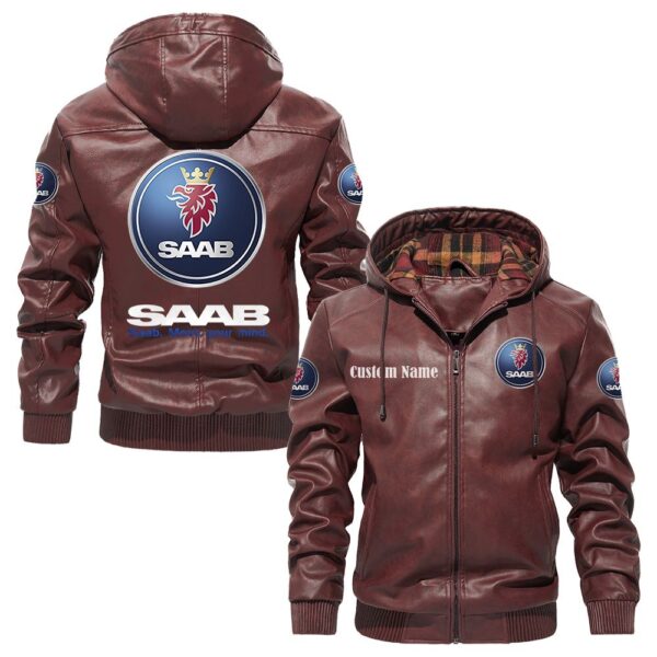 Custom Name Saab PU Leather Hooded Jacket - Personalized Logo Car Motorcycle Model - Image 2