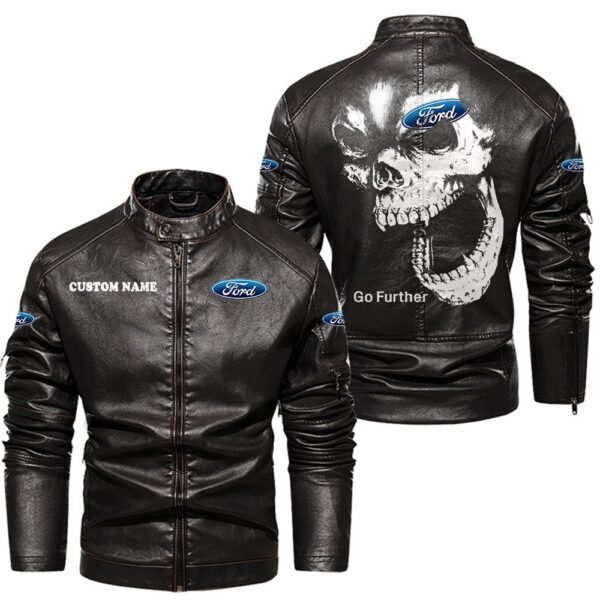 Custom Name Ford Motor Company Skull Leather Jacket - Personalized Logo Car Motorcycle Model - Image 3