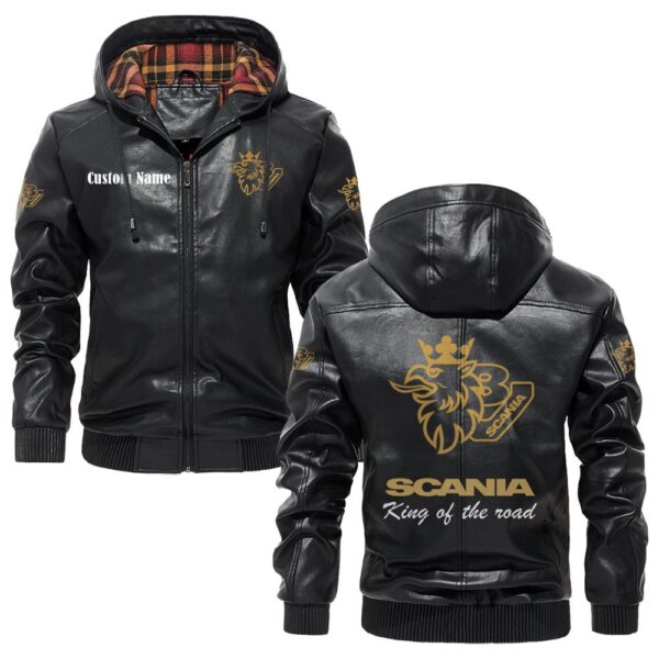 Custom Name Scania V8 PU Leather Hooded Jacket - Personalized Logo Car Motorcycle Model