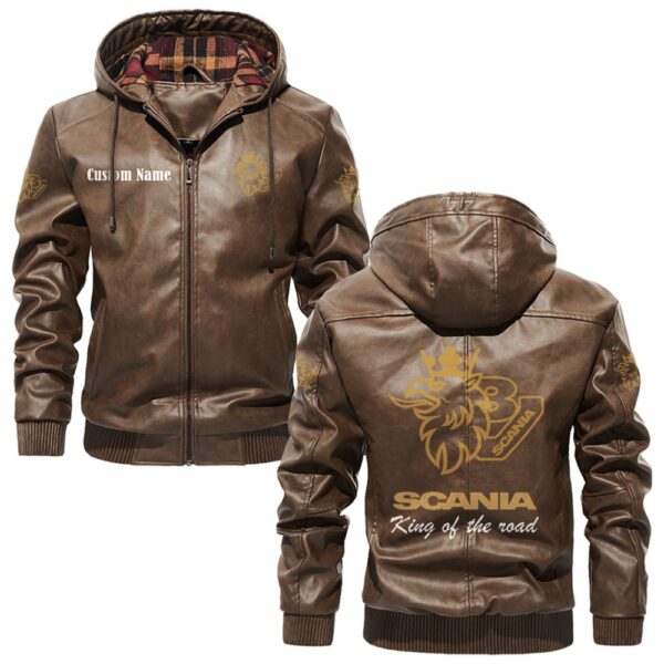 Custom Name Scania V8 PU Leather Hooded Jacket - Personalized Logo Car Motorcycle Model - Image 3