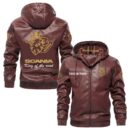 Custom Name Scania V8 PU Leather Hooded Jacket - Personalized Logo Car Motorcycle Model