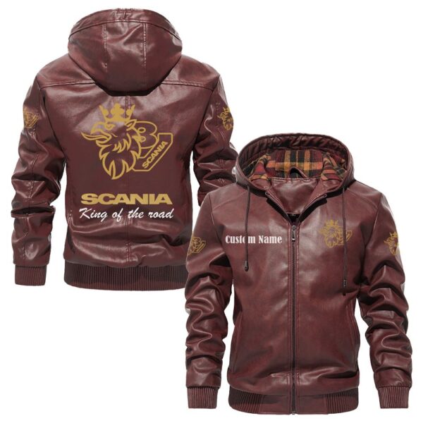 Custom Name Scania V8 PU Leather Hooded Jacket - Personalized Logo Car Motorcycle Model - Image 2
