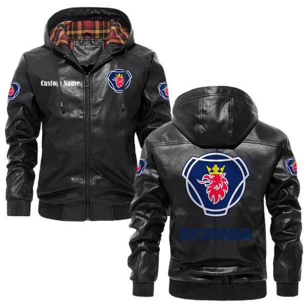 Custom Name Scania PU Leather Hooded Jacket - Personalized Logo Car Motorcycle Model