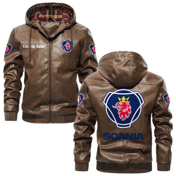 Custom Name Scania PU Leather Hooded Jacket - Personalized Logo Car Motorcycle Model - Image 3