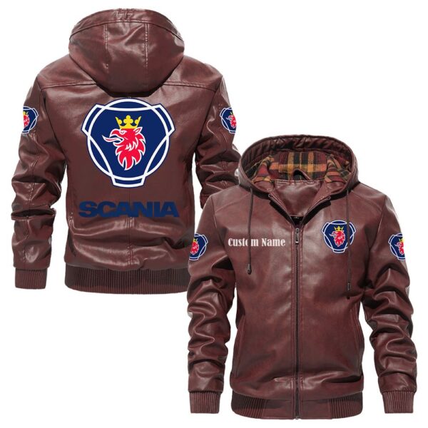 Custom Name Scania PU Leather Hooded Jacket - Personalized Logo Car Motorcycle Model - Image 2