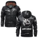Custom Name Ski Doo PU Leather Hooded Jacket - Personalized Logo Car Motorcycle Model