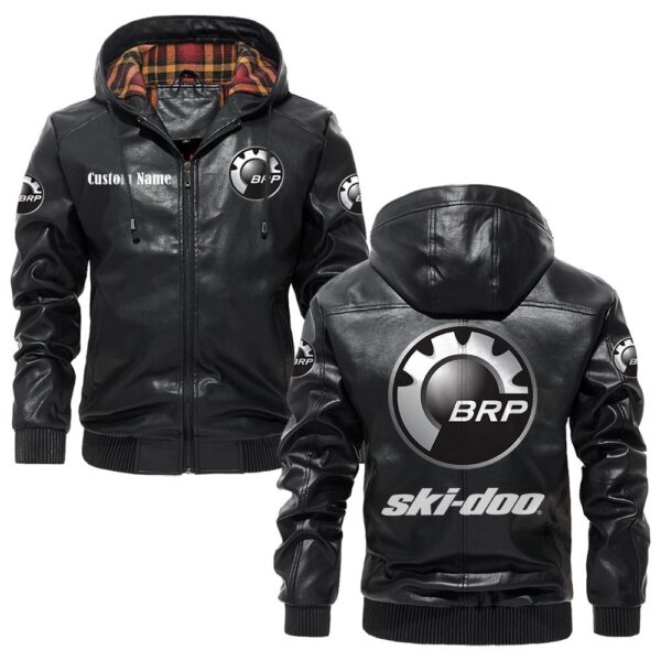 Custom Name Ski Doo PU Leather Hooded Jacket - Personalized Logo Car Motorcycle Model