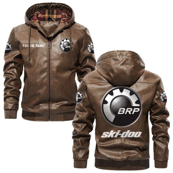 Custom Name Ski Doo PU Leather Hooded Jacket - Personalized Logo Car Motorcycle Model - Image 3