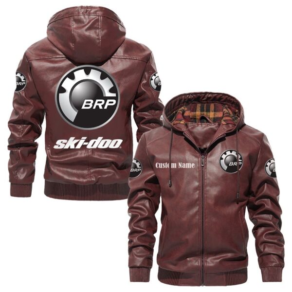 Custom Name Ski Doo PU Leather Hooded Jacket - Personalized Logo Car Motorcycle Model - Image 2