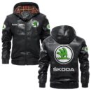 Custom Name Skoda PU Leather Hooded Jacket - Personalized Logo Car Motorcycle Model