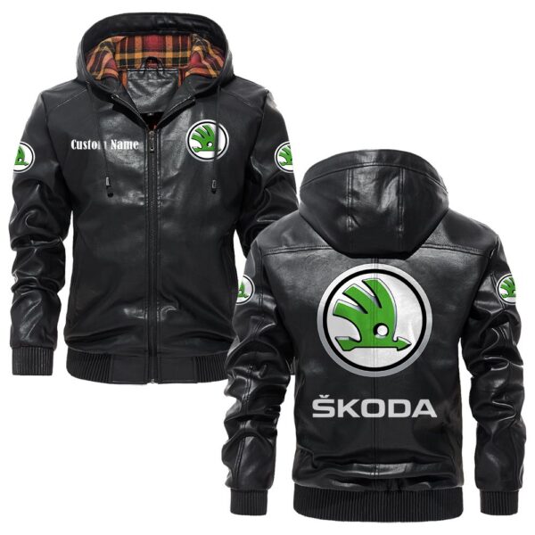 Custom Name Skoda PU Leather Hooded Jacket - Personalized Logo Car Motorcycle Model