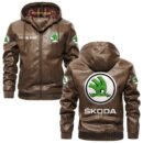 Custom Name Skoda PU Leather Hooded Jacket - Personalized Logo Car Motorcycle Model