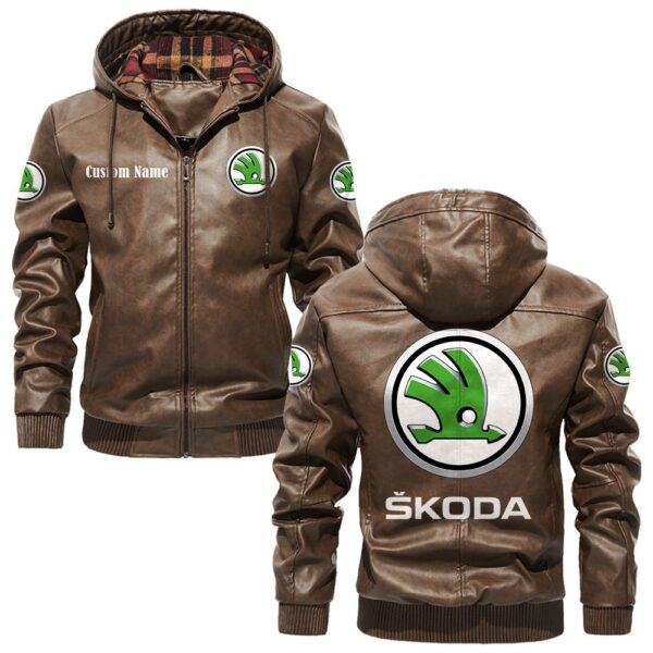 Custom Name Skoda PU Leather Hooded Jacket - Personalized Logo Car Motorcycle Model - Image 3