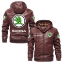 Custom Name Skoda PU Leather Hooded Jacket - Personalized Logo Car Motorcycle Model