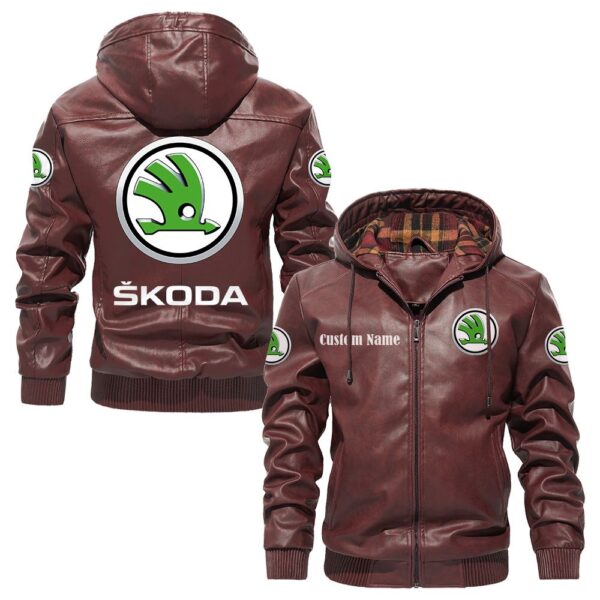 Custom Name Skoda PU Leather Hooded Jacket - Personalized Logo Car Motorcycle Model - Image 2