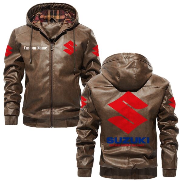 Custom Name Suzuki PU Leather Hooded Jacket - Personalized Logo Car Motorcycle Model - Image 3