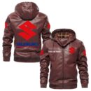 Custom Name Suzuki PU Leather Hooded Jacket - Personalized Logo Car Motorcycle Model