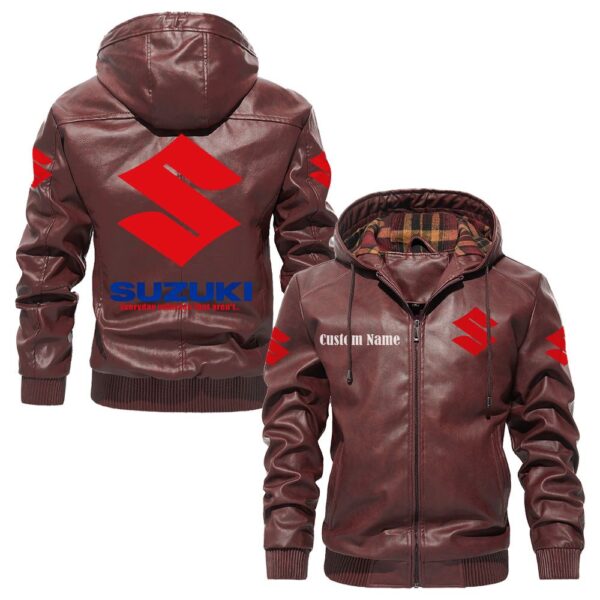 Custom Name Suzuki PU Leather Hooded Jacket - Personalized Logo Car Motorcycle Model - Image 2