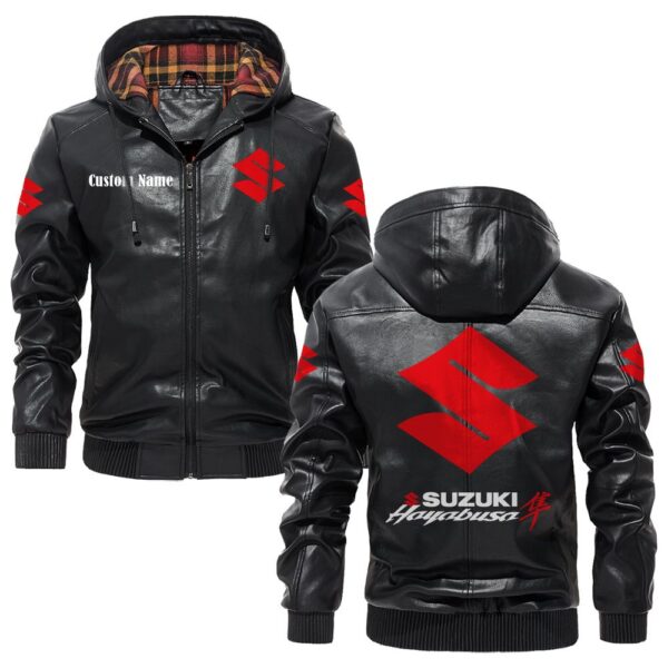 Custom Name Suzuki Hayabusa PU Leather Hooded Jacket - Personalized Logo Car Motorcycle Model