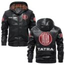 Custom Name Tatra PU Leather Hooded Jacket - Personalized Logo Car Motorcycle Model