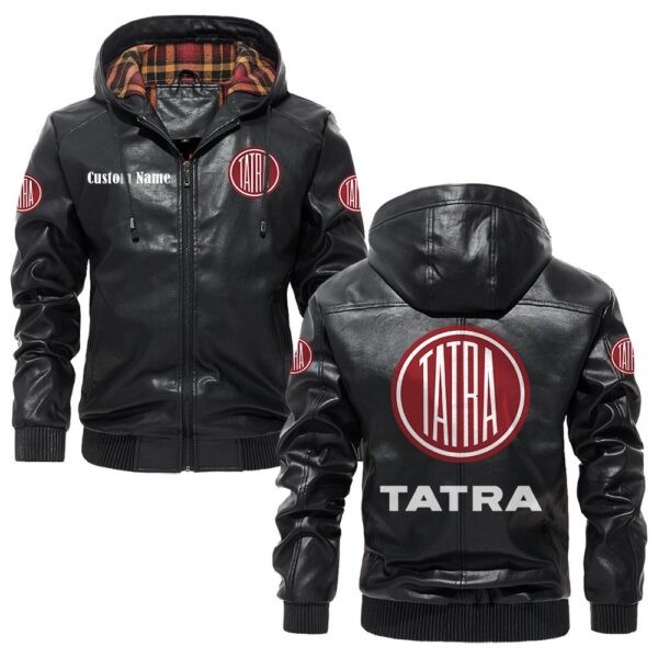 Custom Name Tatra PU Leather Hooded Jacket - Personalized Logo Car Motorcycle Model
