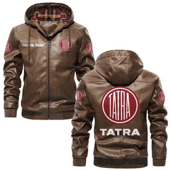 Custom Name Tatra PU Leather Hooded Jacket - Personalized Logo Car Motorcycle Model - Image 3