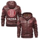 Custom Name Tatra PU Leather Hooded Jacket - Personalized Logo Car Motorcycle Model