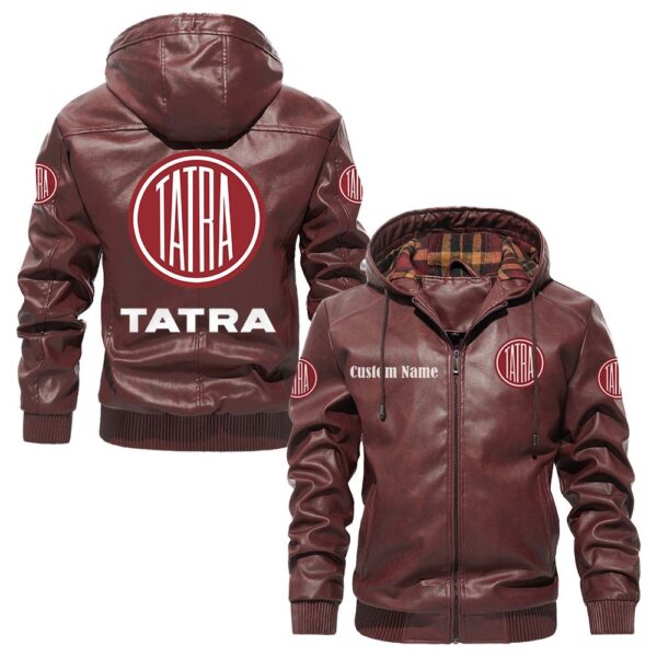 Custom Name Tatra PU Leather Hooded Jacket - Personalized Logo Car Motorcycle Model - Image 2