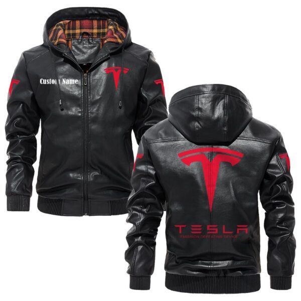 Custom Name Tesla Motors PU Leather Hooded Jacket - Personalized Logo Car Motorcycle Model