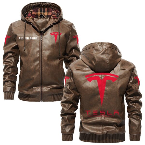 Custom Name Tesla Motors PU Leather Hooded Jacket - Personalized Logo Car Motorcycle Model - Image 3