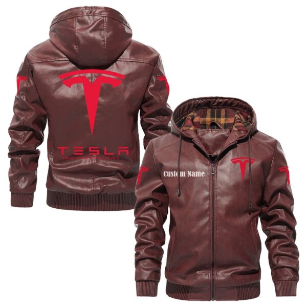 Custom Name Tesla Motors PU Leather Hooded Jacket - Personalized Logo Car Motorcycle Model - Image 2