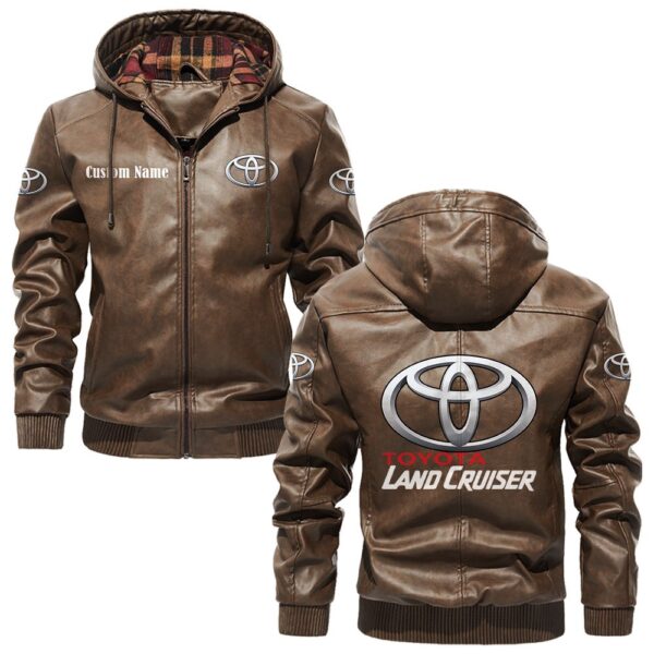 Custom Name Toyota Land Cruiser PU Leather Hooded Jacket - Personalized Logo Car Motorcycle Model - Image 3