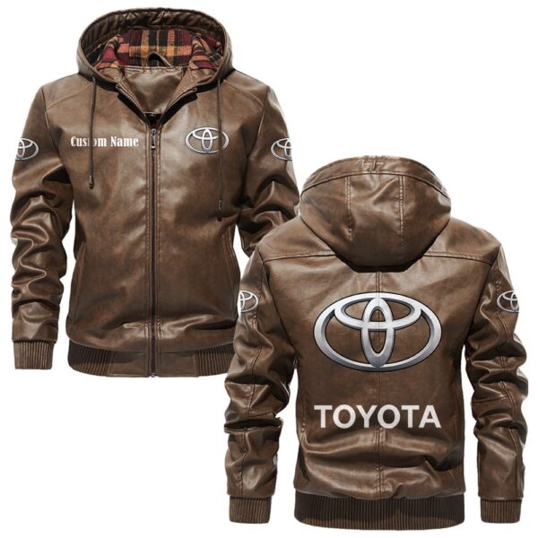 Custom Name Toyota Motor Corporation PU Leather Hooded Jacket - Personalized Logo Car Motorcycle Model - Image 3