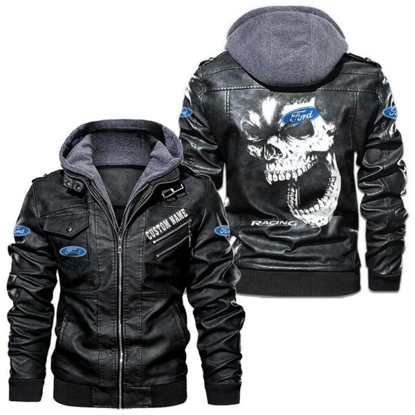 Custom Name Ford Racing Skull Leather Jacket - Personalized Logo Car Motorcycle Model