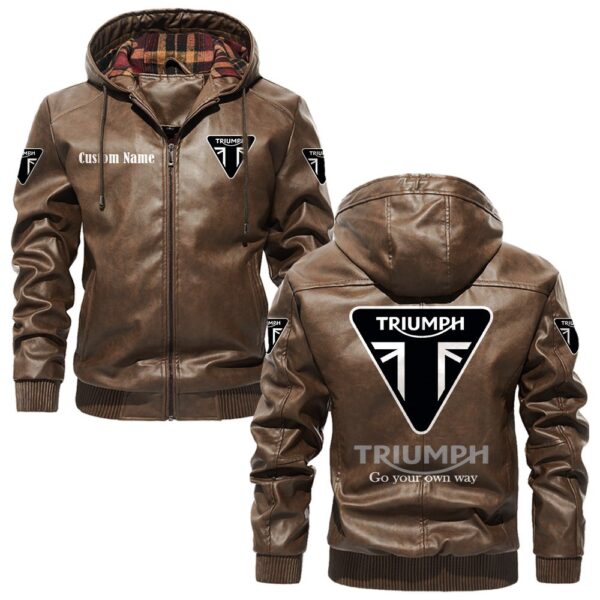 Custom Name Triumph Motorcycles PU Leather Hooded Jacket - Personalized Logo Car Motorcycle Model - Image 3
