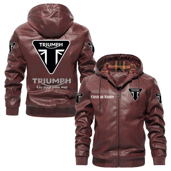 Custom Name Triumph Motorcycles PU Leather Hooded Jacket - Personalized Logo Car Motorcycle Model - Image 2