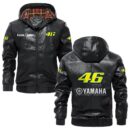 Custom Name Valentino Rossi 46 PU Leather Hooded Jacket - Personalized Logo Car Motorcycle Model