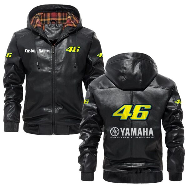 Custom Name Valentino Rossi 46 PU Leather Hooded Jacket - Personalized Logo Car Motorcycle Model