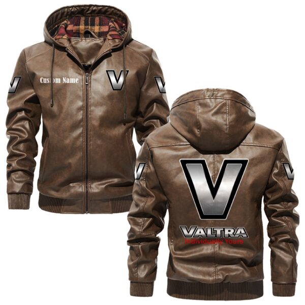 Custom Name Valtra PU Leather Hooded Jacket - Personalized Logo Car Motorcycle Model - Image 3