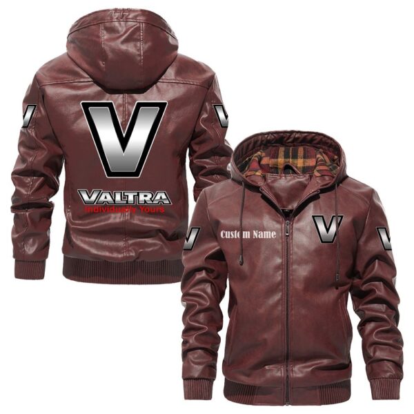 Custom Name Valtra PU Leather Hooded Jacket - Personalized Logo Car Motorcycle Model - Image 2