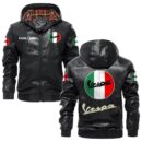 Custom Name Vespa PU Leather Hooded Jacket - Personalized Logo Car Motorcycle Model