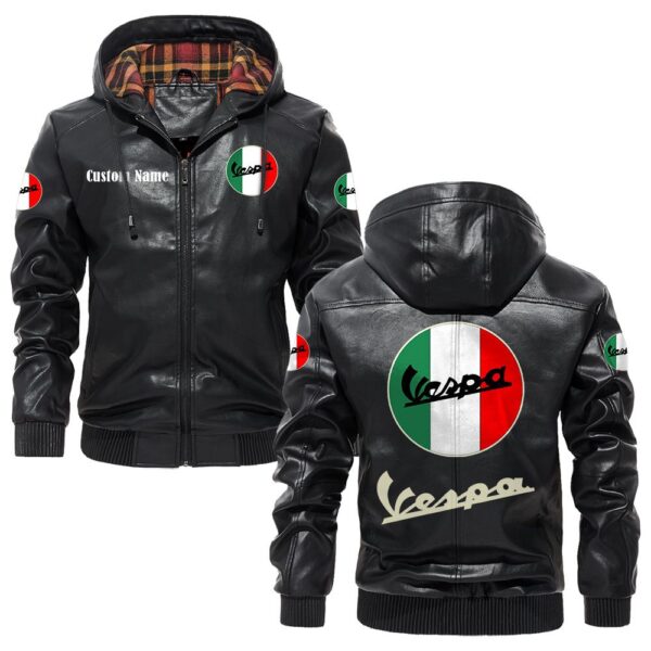 Custom Name Vespa PU Leather Hooded Jacket - Personalized Logo Car Motorcycle Model