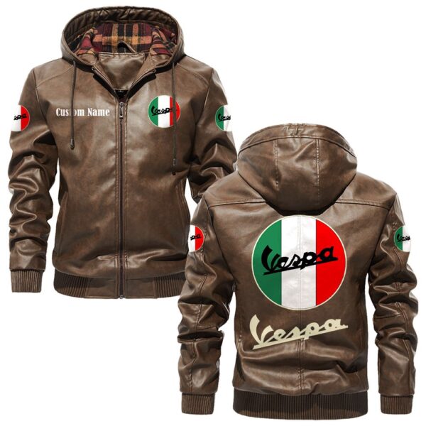 Custom Name Vespa PU Leather Hooded Jacket - Personalized Logo Car Motorcycle Model - Image 3