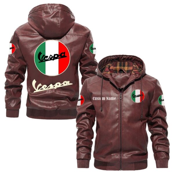 Custom Name Vespa PU Leather Hooded Jacket - Personalized Logo Car Motorcycle Model - Image 2