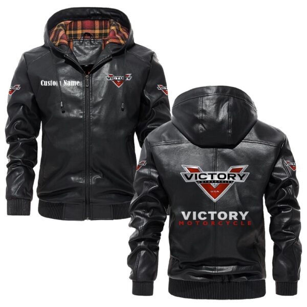 Custom Name Victory Motorcycles PU Leather Hooded Jacket - Personalized Logo Car Motorcycle Model