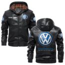 Custom Name Volkswagen PU Leather Hooded Jacket - Personalized Logo Car Motorcycle Model
