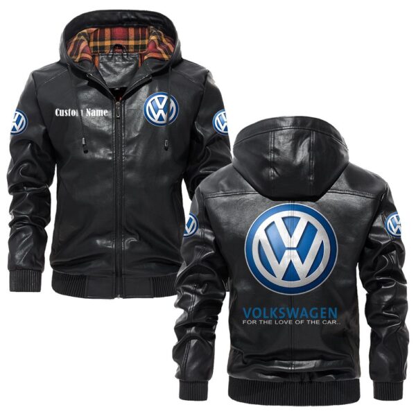 Custom Name Volkswagen PU Leather Hooded Jacket - Personalized Logo Car Motorcycle Model