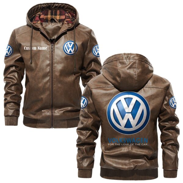 Custom Name Volkswagen PU Leather Hooded Jacket - Personalized Logo Car Motorcycle Model - Image 3