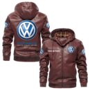 Custom Name Volkswagen PU Leather Hooded Jacket - Personalized Logo Car Motorcycle Model