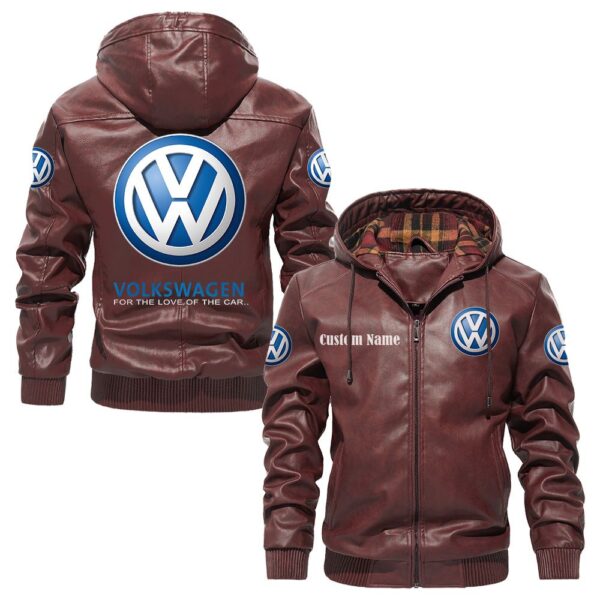Custom Name Volkswagen PU Leather Hooded Jacket - Personalized Logo Car Motorcycle Model - Image 2